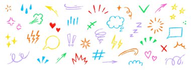 Çizgi hareket komedi unsuru, karikatür duygu işareti süsleme simgesi. El çizimi şirin karalama çizgisi ok, kalp, konuşma balonu. Anime hareketi, net şekil. Vektör illüstrasyonu