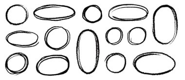 İşaretleyici fırça işareti karalama çizgi daire çerçeve seti. El çizimi keçeli kalem fırça darbesi yuvarlak, dairesel vurgulama çerçeve elemanı. Çizim yuvarlak el çizimi vektör illüstrasyonu