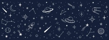 Uzay yıldızı vektör çocuk geçmişi. El çizimi skeç stili yıldız alanı sevimli galaksi arkaplanı. El çizimi çocuk galaksi çizimi. Gezegen, roket, ay elementi. Vektör illüstrasyonu.