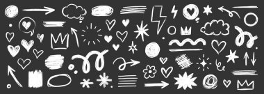 Çizgili çocuk kalem rengi fırça el çizimi tebeşir vektör elementi seti. Doku fırçası tebeşir darbesi çocuk kalbi, yıldız, ok elementi el çizimi karalama. Kalem stili boya. Vektör illüstrasyonu