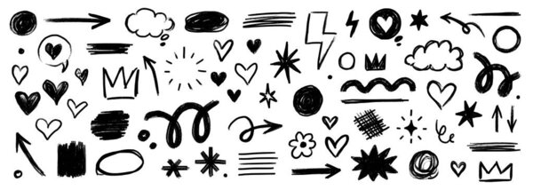 Pencil brush shape line element set. Hand drawn sketch doodle crayon kid chalk texture color element arrow,.heart, crown shape. Chalk pencil brush texture background. Vector illustration