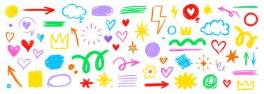 Kalem fırçası şekil çizgisi ögesi ayarlandı. El çizimi karalama kalemi çocuk tebeşirle desen rengi ok, kalp, taç şekli. Tebeşir kalem fırçası dokusu arka planı. Vektör illüstrasyonu