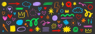 Kalem fırçası şekil çizgisi ögesi ayarlandı. El çizimi karalama kalemi çocuk tebeşirle desen rengi ok, kalp, taç şekli. Tebeşir kalem fırçası dokusu arka planı. Vektör illüstrasyonu