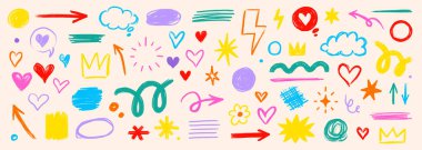 Çizgili çocuk kalem rengi fırça el çizimi tebeşir vektör elementi seti. Doku fırçası tebeşir darbesi çocuk kalbi, yıldız, ok elementi el çizimi karalama. Kalem stili boya. Vektör illüstrasyonu