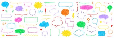 Metin çerçeveli el pastel konuşma balonu seti çizdi. Boya kalemi arkaplan konuşma balonu çerçevesi. El çizimi tebeşir kalem diyaloğu balonu, çocuklar karalama metni bulutu. Vektör illüstrasyonu