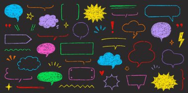 Konuşma balonu metin çerçevesi balon el çizimi seti. Boya kalemi, konuşma balonu çerçevesi. El çizimi tebeşir diyalog balonu, çocuklar karalama metni bulutu. Vektör illüstrasyonu.