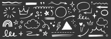 Çizgi el fırça işareti altı çizili, vurgulama, yıldız elemanı karatahta seti. El çizimi keçeli kalem, altı çizili şekil, ok, yıldız karalaması fırça darbesi vurgu elementi. Vektör illüstrasyonu