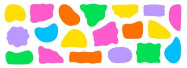 Soyut organik yuvarlak şekil seti. Sıvı organik yuvarlak şekilli şekil şekli. Soyut sıvı baloncuk, dalgalı farklı formlar. Yuvarlak oval model arka plan. Vektör illüstrasyonu