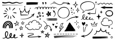 Çizgi el fırça işareti altı çizili, vurgulama, yıldız ögesi ayarlandı. El çizimi keçeli kalem, altı çizili şekil, ok, yıldız karalama fırçası kalem vuruşu simgesi vurgu elementi. Vektör illüstrasyonu.