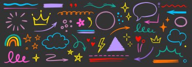 Çizgi el fırça işareti altı çizili, parlak ışık, yıldız elementi rengi çocuk seti. El çizimi keçeli kalem, altı çizili şekil, ok, yıldız karalaması fırça darbesi vurgu elementi. Vektör illüstrasyonu