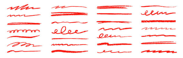 Красная линия подчёркивает набор карандашных мазков. Рукописный подчёркивающий набор эскизов. Ручной штрих, нарисованный красным цветом, подчеркивает форму текста. Векторная иллюстрация.