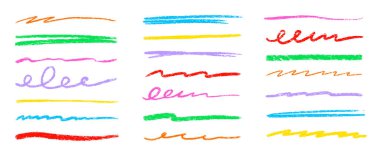 Çizgi renkli kalem fırçası seti. Çocuk tasarımı için renkli tebeşirle boyanmış kalem altı çizili fırça darbesi seti. El çizimi dalgalı işaret altı çizili vurgu elemanı. Vektör illüstrasyonu