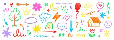 El çizimi çocuk kalem ikonu seti. Sevimli gökkuşağı, kalp, taç, çiçek ve güneş renkli çocuk karalama stilinde. Tebeşir dokusu, bulut, gülümseme, oyun için yıldız ve eskiz figürü veya okul tasarımı