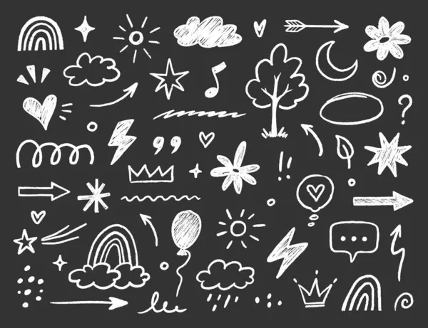 El yapımı pastel boya ikonu seti. Sevimli çiçek, kalp, bulut, yıldız, taç ve gökkuşağı renkli çocuk karalama stili. Ağaç, ev, gülümseme, güneş okulu eskizi doğa çocuk tasarımı. Vektör illüstrasyonu