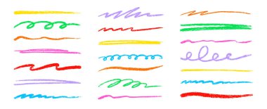 Çizgi renkli kalem fırçası seti. Çocuk tasarımı için renkli tebeşirle boyanmış kalem altı çizili fırça darbesi seti. El çizimi dalgalı işaret altı çizili vurgu elemanı. Vektör illüstrasyonu