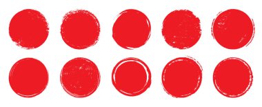 Japonya kırmızı güneş fırçası pulu suluboya boya seti etrafında döner. El çizimi sert kırmızı Japon bayrak dairesi şekilli fırça darbesi dokusu. Grunge Asyalı kaba rozet paketi. Vektör illüstrasyonu