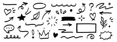 El işaret çizgisi simgesi fırça ögesi ayarlandı. El çizimi, çizim stili, altı çizili, ok, kalp şekli. İş bilgisi için karalama tacı, kalp, işaret ve sembol öğesi. Vektör illüstrasyonu