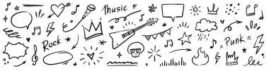 Müzik yıldızı karalama ikonu punk rock seti. El çizimi müzik taslak gitar, mikrofon, kafatası. Grafiti yıldızı şekilli karalama oku, taç, konuşma balonu grunge dekorasyon elementleri. Vektör illüstrasyonu