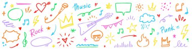 Müzik yıldızı karalama ikonu punk rock seti. El çizimi müzik taslak gitar, mikrofon, kafatası. Grafiti yıldızı şekilli karalama oku, taç, konuşma balonu grunge dekorasyon elementleri. Vektör illüstrasyonu