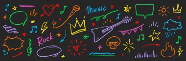 Müzik çizimi, kalp yıldız vektörü seti. Çizgi roman tacı, kafatası, ateş, kalp ile eğlenceli karalama şekli. Dövme stili graffiti çizgisi, keçeli kalem darbesi müzik taslak renk elementleri. Vektör illüstrasyonu