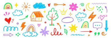 El çizimi çocuk kalem ikonu seti. Sevimli gökkuşağı, kalp, taç, çiçek ve güneş renkli çocuk karalama stilinde. Tebeşir dokusu, bulut, gülümseme, oyun için yıldız ve eskiz figürü veya okul tasarımı