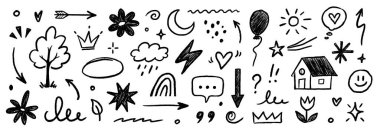 El yapımı pastel boya ikonu seti. Sevimli çiçek, kalp, bulut, yıldız, taç ve gökkuşağı renkli çocuk karalama stili. Ağaç, ev, gülümseme, güneş okulu eskizi doğa çocuk tasarımı. Vektör illüstrasyonu