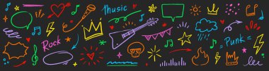 Müzik yıldızı karalama ikonu punk rock seti. El çizimi müzik taslak gitar, mikrofon, kafatası. Grafiti yıldızı şekilli karalama oku, taç, konuşma balonu grunge dekorasyon elementleri. Vektör illüstrasyonu
