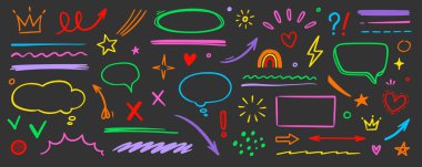 Çizgili el fırça işaretli ok, kalp şeklindeki element çocuk rengi seti. El çizimi, çizim işareti, altı çizili şekil, ok, yıldız işaretli fırça fırçası kalem darbesi ikonu kalp elementi. Vektör illüstrasyonu