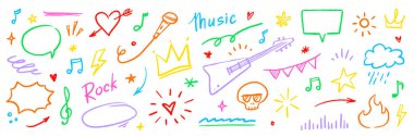 Müzik çizimi, kalp yıldız vektörü seti. Çizgi roman tacı, kafatası, ateş, kalp ile eğlenceli karalama şekli. Dövme stili graffiti çizgisi, keçeli kalem darbesi müzik taslak renk elementleri. Vektör illüstrasyonu
