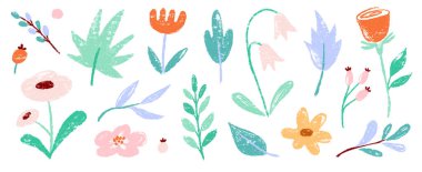 Çiçek pastel boya, suluboya bahar çiçeği seti. El yapımı pastel boya, çiçek, yaprak, tebeşir desenli bitki. Çocuk, çocuk, bahçe karalama elementi tasarımı için sevimli bir özgeçmiş. Vektör illüstrasyonu