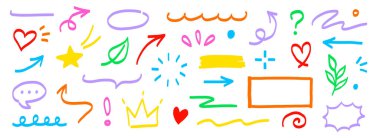 El işaret çizgisi simgesi renk fırçası ögesi ayarlandı. El çizimi renkli taslak, altı çizili, ok, kalp şeklinde oyuncu bir tarz. Karalama tacı, vurgulama, işaret ve eğlence tasarımı sembolü. Vektör