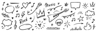 Müzik yıldızı karalama ikonu punk rock seti. El çizimi müzik taslak gitar, mikrofon, kafatası. Grafiti yıldızı şekilli karalama oku, taç, konuşma balonu grunge dekorasyon elementleri. Vektör illüstrasyonu