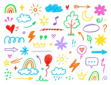 El çizimi çocuk kalem ikonu seti. Sevimli gökkuşağı, kalp, taç, çiçek ve güneş renkli çocuk karalama stilinde. Tebeşir dokusu, bulut, gülümseme, oyun için yıldız ve eskiz figürü veya okul tasarımı