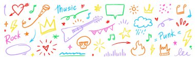 Müzik çizimi, kalp yıldız vektörü seti. Çizgi roman tacı, kafatası, ateş, kalp ile eğlenceli karalama şekli. Dövme stili graffiti çizgisi, keçeli kalem darbesi müzik taslak renk elementleri. Vektör illüstrasyonu