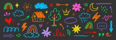 El çizimi çocuk kalem ikonu seti. Sevimli gökkuşağı, kalp, taç, çiçek ve güneş renkli çocuk karalama stilinde. Tebeşir dokusu, bulut, gülümseme, oyun için yıldız ve eskiz figürü veya okul tasarımı