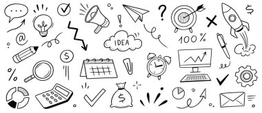 İş eskiz ikonu para ve fikir seti. Takım, gol, başlangıç ve başarı için el çizimi öğeleri. İş ikonu şeması, ofis saati, roket geliştirme işi konsepti. Vektör illüstrasyonu