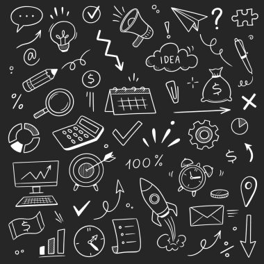 Tebeşir işletme kurulu taslak ikonu seti. Pazarlama fikri için el çizimi karatahta çerçeve, ampul, bulmaca ve ok. İş çizelgesi, kalem çizimi, ofis başarısı ve internet. Vektör illüstrasyonu