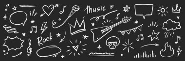 Doodle ikonu çizilmiş punk müzik skeç seti. Serseri fırça darbesi dokusu, grunge yıldırımı, ok, konuşma balonu ikonu. Vektör çizilmiş gitar, taç, ateş, boyanmış ok çizgisi. Vektör illüstrasyonu