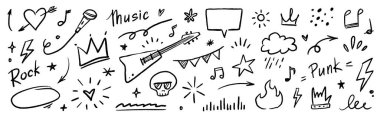 Doodle ikonu çizilmiş punk müzik skeç seti. Serseri fırça darbesi dokusu, grunge yıldırımı, ok, konuşma balonu ikonu. Vektör çizilmiş gitar, taç, ateş, boyanmış ok çizgisi. Vektör illüstrasyonu