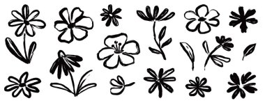 Çiçek fırçası boya seti. El çizimi çiçek, fırça boyası siluetinde grafiti elementleri. Siyah vektör mürekkep darbesi çiçek desenli çizim bahar desenli. Vektör illüstrasyonu