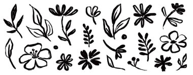 Çiçek fırçası boya seti. El çizimi çiçek, fırça boyası siluetinde grafiti elementleri. Siyah vektör mürekkep darbesi çiçek desenli çizim bahar desenli. Vektör illüstrasyonu