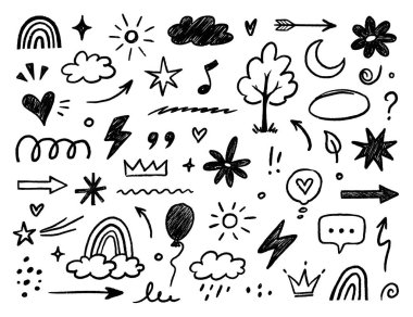 El yapımı pastel boya ikonu seti. Sevimli çiçek, kalp, bulut, yıldız, taç ve gökkuşağı renkli çocuk karalama stili. Ağaç, ev, gülümseme, güneş okulu eskizi doğa çocuk tasarımı. Vektör illüstrasyonu
