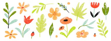Çiçek pastel boya, suluboya bahar çiçeği seti. El yapımı pastel boya, çiçek, yaprak, tebeşir desenli bitki. Çocuk, çocuk, bahçe karalama elementi tasarımı için sevimli bir özgeçmiş. Vektör illüstrasyonu