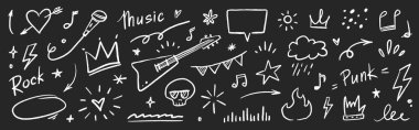Müzik yıldızı karalama ikonu punk rock seti. El çizimi müzik taslak gitar, mikrofon, kafatası. Grafiti yıldızı şekilli karalama oku, taç, konuşma balonu grunge dekorasyon elementleri. Vektör illüstrasyonu