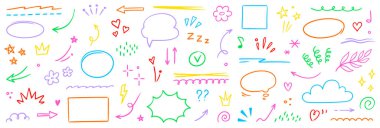 Satır ok simgesi oluşturuldu. El çizimi eskiz yıldızı, kalp işareti kalem darbesi çemberi, altı çizili elementler. Renkli fırça darbesi, kalem darbesi, çiçek seti. Vektör illüstrasyonu