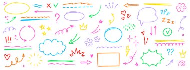 Satır ok simgesi oluşturuldu. El çizimi eskiz yıldızı, kalp işareti kalem darbesi çemberi, altı çizili elementler. Renkli fırça darbesi, kalem darbesi, çiçek seti. Vektör illüstrasyonu