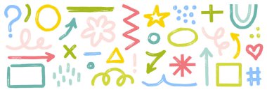 Fırça darbesi oku, yıldız işareti, geometrik şekil seti. El çizimi boya, ok, grunge desenli damlacık nokta dalgası. Soyut yuvarlak element, sevimli, modern çocuk geçmişi. Vektör illüstrasyonu