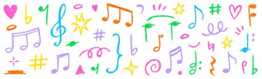 Müzik notası karalama vektörü seti. El çizimi tebeşirli pastel müzik notası, melodi sembolü şekli, çocuk çıkartması taslak tarzı. Şirin retro pastel kalem renkli ses dekorasyonu elementi. Vektör illüstrasyonu