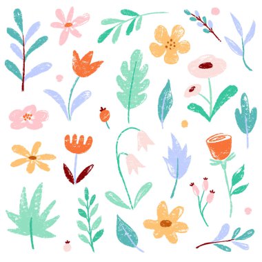 Çiçek baharı vektör bahçesi şirin element seti. El yapımı pastel çiçek, yaprak, papatya çiçeği tebeşir desenli şirin elementler. Çiçekçi çocuk özgeçmişi. Vektör illüstrasyonu