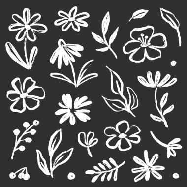 Çiçek fırçası el çizimi vektör seti. El çizimi karalama çiçeği, çiçek yaprağı elementleri fırça darbesi mürekkebi tarzında. Basit soyut botanik silueti, doğa için siyah boya sanatı seti. Vektör illüstrasyonu
